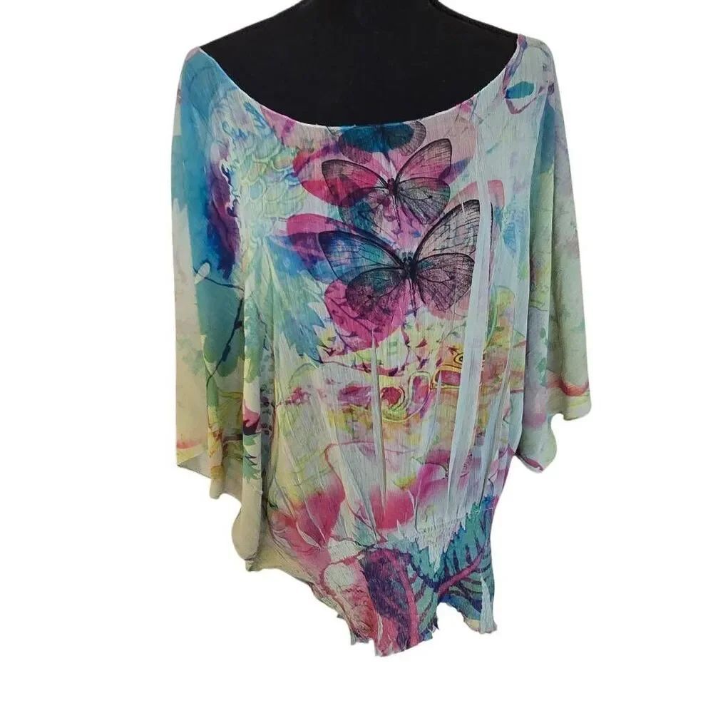 One World Women's Plus Size Butterfly Semi-Sheer Dressy Top Blouse Multicolor 2X